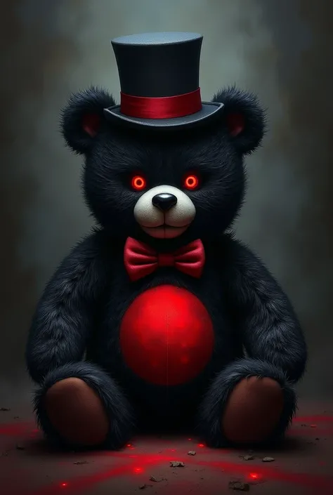 Black devil teddy bear has red eyes has a red circle on his belly has a red bow tie has a black top hat with a red stripe has a black nose
