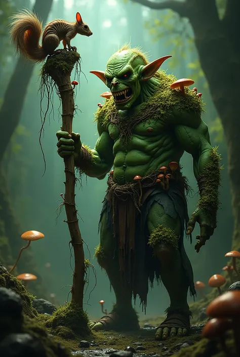 A realistic style image of a green goblin, with spores and mushrooms growing on it, he has a wooden staff that has vines and mushrooms, and a squirrel skeleton on the tip, with realistic details and dramatic lighting to emphasize the character&#39;s myster...