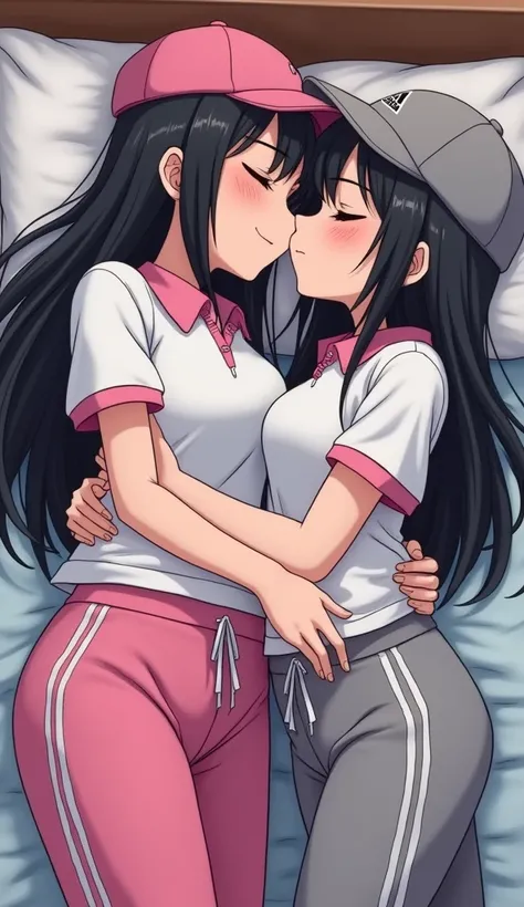 Two girls long black hairs, yuri

The first girl wear a white pink polo shirt pink shirt collar pink sleeves, pink cap, pink adidas sweatpants with three white stripes, black underpants, white socks.

The second girl wore a white grey polo shirt grey shirt...