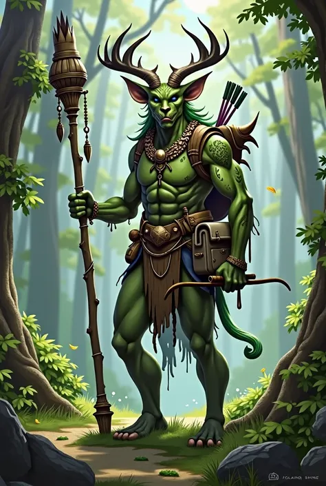 
a tricrin druid of medium height with four arms, a staff behind his back, a crossbow and arrows at his waist, a small bag over his shoulder, no armor.