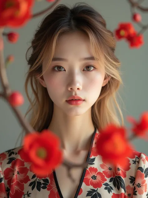 A high-quality portrait photograph of a Chinese woman with fair skin and long, wavy blonde hair. She has delicate facial features, including full lips with a natural pink hue, and light brown eyes. The subject is wearing a floral-patterned garment with red...