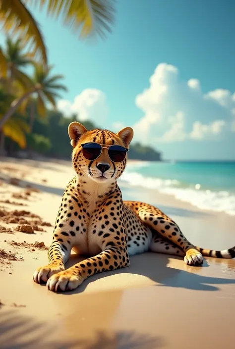 a cheetah on the beach sunbathing with sunglasses in the beach