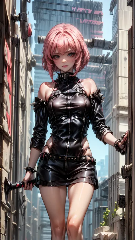 CG K Ultrarealistic ,((premium、8k、32K、masterpiece:1.3)), (superfine illustration)、(super high resolution), (((adult body))), (((1 girl in))), ((( short hair bob ))), ((2 cyberpunk gladiator with perfect body black leather jacket, with spikes:1.6)), Shoulde...