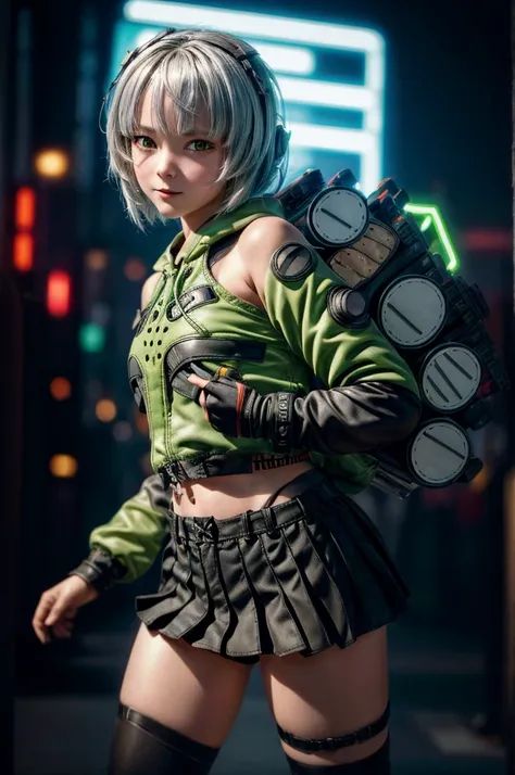 A young girl in realistic portrait of high quality and detail, 2000s movie style, Anby Demara (Zenless Zone Zero), She has short silver hair and light brown eyes. She wears a short black skirt and a green suit with a backpack on her back, long black knee s...