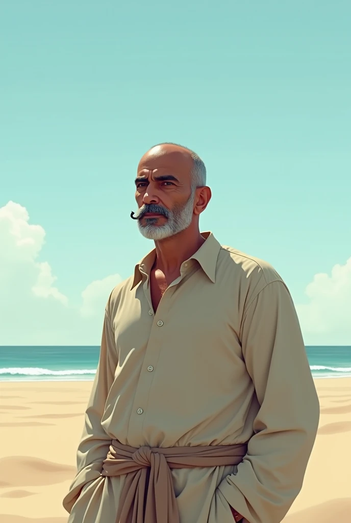 Bald Arab man, 5, on the beach. The man only has a mustache.