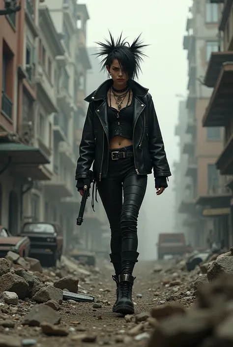 A punk girl on the way through a bomb city with the black a and a good one that is 