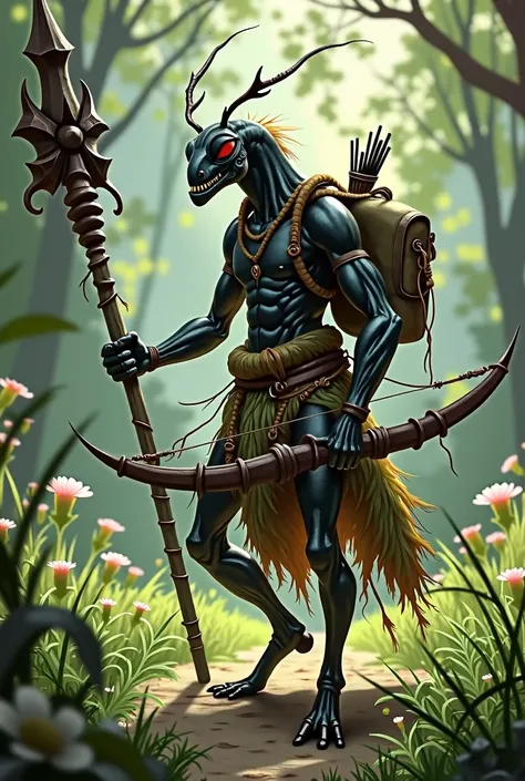 tricrin ant druid of DND, medium height with four arms, staff behind back, crossbow and arrows at waist, small bag over shoulder, no armor, grass skirt held at waist by ropes