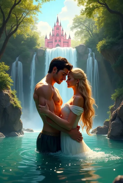 Perfect tall and handsome king with dark short hair and beautiful princess with so long blonde hair together in the natural waterfall swim he hold her in deep water naked together sweet couple in deep water 
and behind them have big pink luxury castle from...