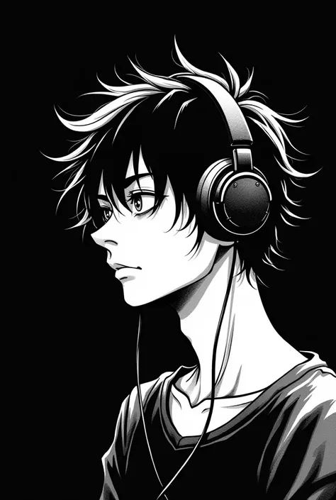 make a black and white manga art, about a lonely 19 year old boy, listening to rock music. with black background