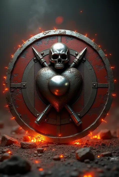 A Spartan shield with a heart and a skull and fire as an emblem 