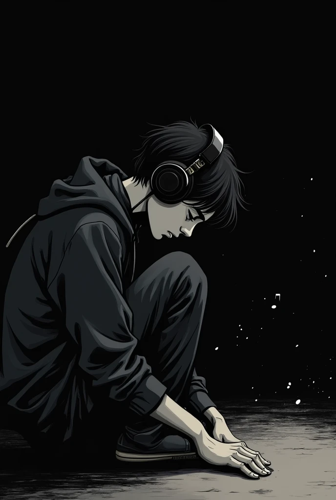 make a black and white manga art, about a lonely 19 year old boy, listening to rock music. with black background. And head down