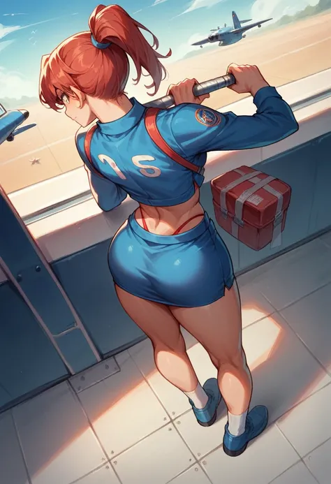 Hostess on a plane, sexy, short skirt, red thong, blue uniform, ponytail hairstyle, athletics, view from above, extreme skin definition, detail to the maximum.