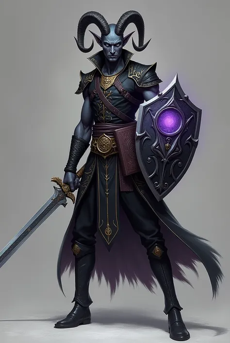 Tiefling male with very tightly-curled rams horns and charcoal-black skin. He has a dark-colored, button-less, sleeveless, gold-trimmed jacket and black trousers. He’s bracing to draw an intricately engraved, curved sword from a similarly designed scabbard...