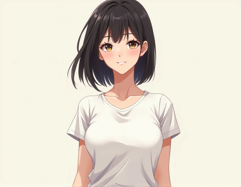 ANIME FEMALE, WHITHE T-SHIRT, MEDIUM BOOBS, FRONT VIEW, BODY UPRIGHT