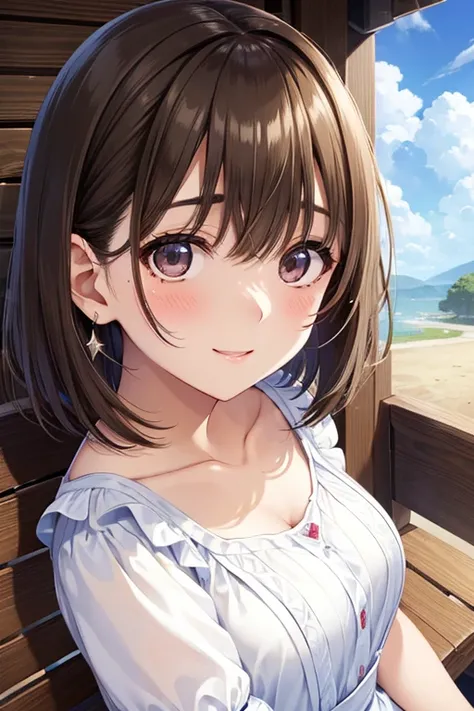 anegasaki nene、Shiny brown hair, short hair, (Beautiful brown eyes、Sparkling eyes, Fine grain)、smile、Ultra-detailed eyes、Highly detailed face, Highly detailed eyes,Cowboy Shot、



Highest quality, Masseter region、Ultra-high resolution、High quality details、...