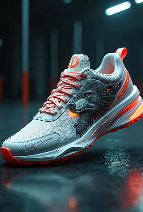 Create a futuristic sneaker model with the initials jd and a wolf design