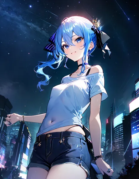 (8k、Best image quality、highest quality、masterpiece)、Detailed face、 1girl、Blue Hair、Long Hair、sideponytail、dark_blue_eyes、smile,(navel:0.8),Moderate_torso、small_breasts,((White T-shirt))、Off the shoulder、Black shoulder straps、(open_front_denim_short_shorts:...