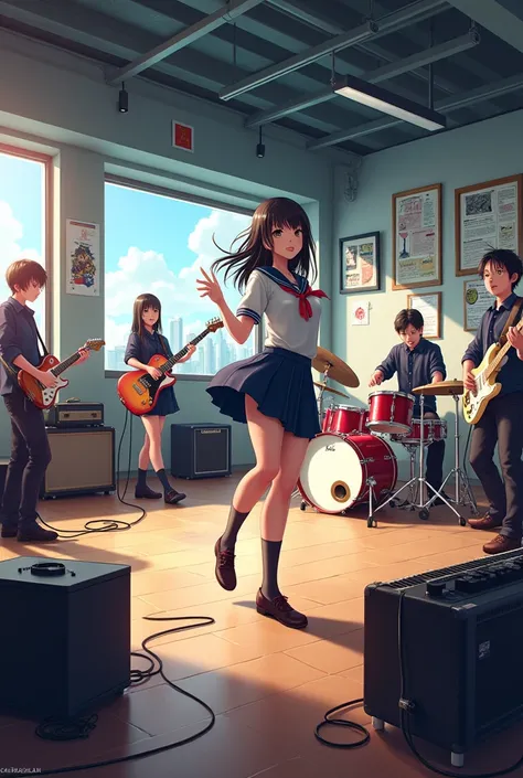 A panoramic view of a music rehearsal room with a band playing and sexy girl in school uniform directing and animating anime
