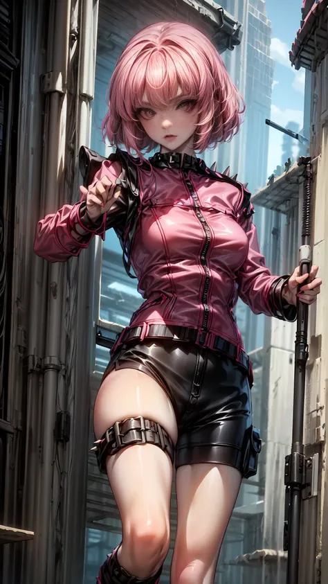 CG K Ultrarealistic ,((premium、8k、32K、masterpiece:1.3)), (superfine illustration)、(super high resolution), (((adult body))), (((1 girl in))), ((( short hair bob ))), ((25 year old cyberpunk gladiator with perfect body pink leather jacket, with spikes:1.6))...