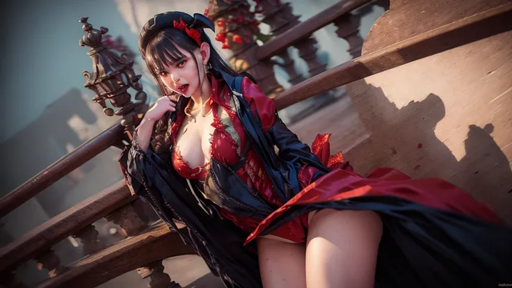 SEXY VAMPINA- REVEALING RED DRESS- LONG STRAIGHT BLACK HAIR- KILLER LOOK- VAMPIRE FANGS- BLOOD SINGING FROM THE MOUTH- RIPPED DRESS- FULL BREASTS- THIN WAIST- THICK THIGHS- BIG BUTT- 8K- EXCELLENT QUALITY- DETAILED IMAGE- DARK NIGHT- OLD BUILDINGS- SENARIO...