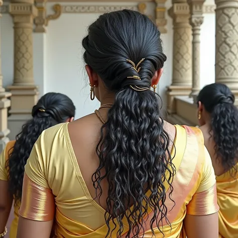 ,indian kali temple,two mature indian ladies in sarees,black curly hairs,like rapunzel noodles,Flooded with 100 liters of oil over thier hair,hairs like oil pulp,hairlines are all together till the end,kneeled,bend over and hands on the ground,one lady kis...