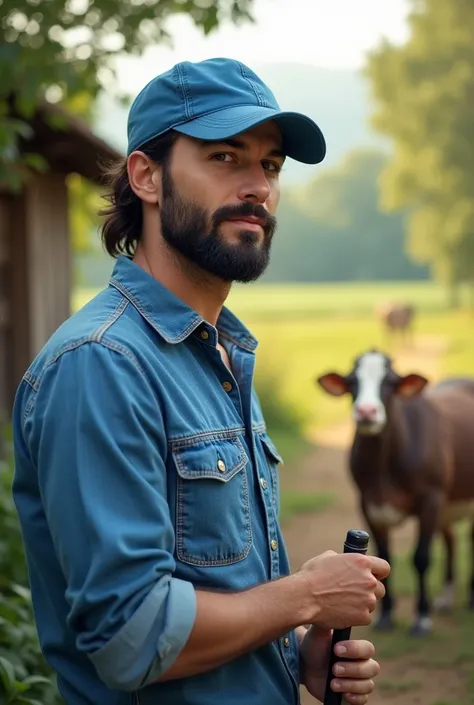 A tall young white man, with dark beard Sebrae veterinarian medium hair and blue cap on a small and beautiful farm, button down denim shirt 