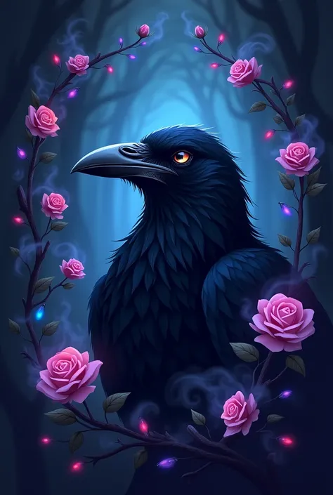 Raven head,cartoon,mystical light, 
,light smoke,mystical,black roses with blue,purple,Red outlines