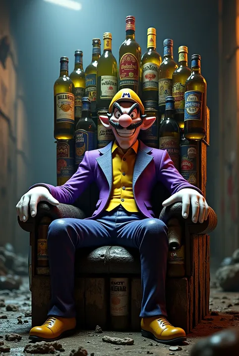 Waluigi from Supermario sits on a throne made of alcohol bottles 