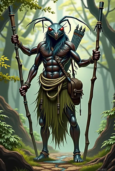 tricrine ant druid of DND, medium height with four hands, a staff behind his back, crossbow and arrows on waist, small shoulder bag, without armor, the grass skirt is held at the waist by ropes