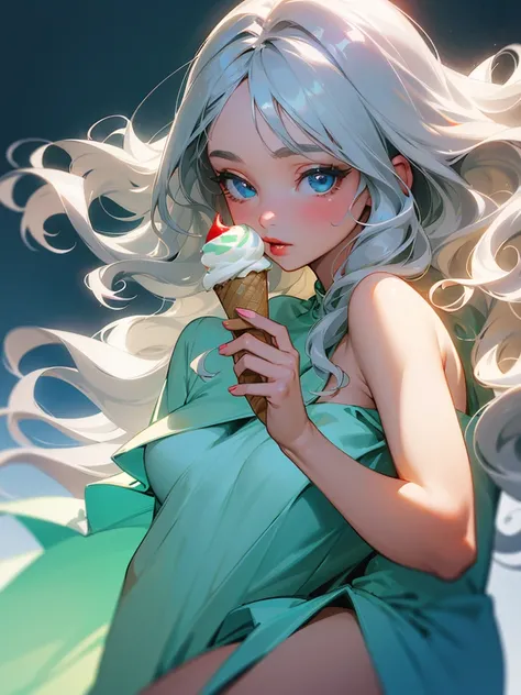 Naked, a close-up of a person holding an ice cream cone, sweet girl, woman with wavy silver hair, bangs, light blue eyes, red lips, tender green dress,