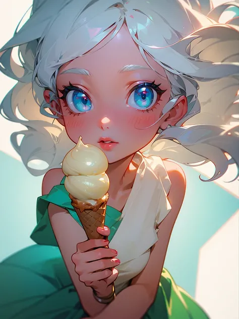 Naked, a close-up of a person holding an ice cream cone, sweet girl, woman with wavy silver hair, bangs, light blue eyes, red lips, tender green dress,