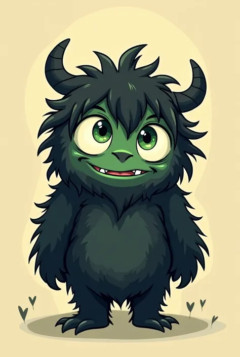 Make a cartoon baby monster, short, black and long hair. Eyes green