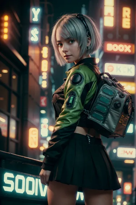 A young girl in realistic portrait of high quality and detail, movie style, Anby Demara (Zenless Zone Zero), She has short silver hair and light brown eyes. She wears a short black skirt and a green suit with a backpack on her back, long black knee socks, ...