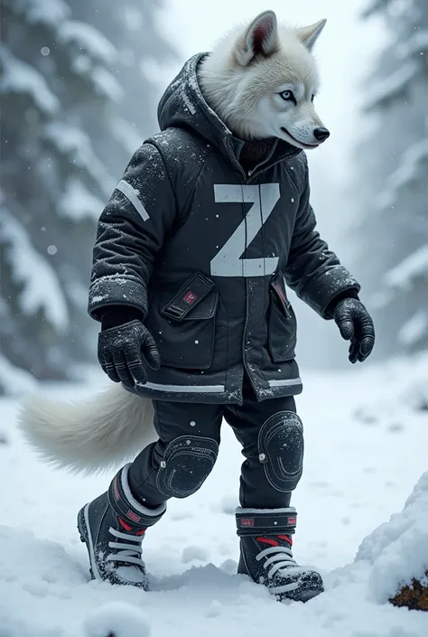 Young Werewolf, white hair, wearing a black winter coat with white details and the letter Z printed on the back, black and white pants and snow boots. Wearing eye and ear protection for snow. Front and back photo. Letter Z in the Coasts. Wolf tail