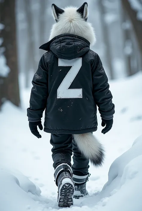 Young Werewolf, white hair, wearing a black winter coat with white details and the letter Z printed on the back, black and white pants and snow boots. Wearing eye and ear protection for snow. Front and back photo. Letter Z in the Coasts. Wolf tail