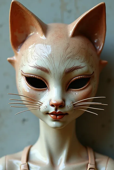 Ceramic mask of a woman dressed as a cat
