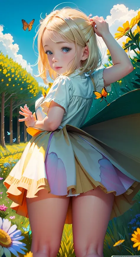 illustration of a 10 year old blonde girl, "happy" in a field of flowers, blue cloudy sky, playing with butterflies, nice illust...