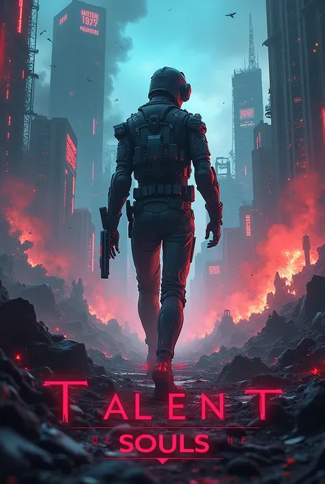 I want to create a cover for a book, will have as Title "The Talent of Souls" I want it to have a Cyberpunk style, and many colors but in the background it has the image of destruction or a war
