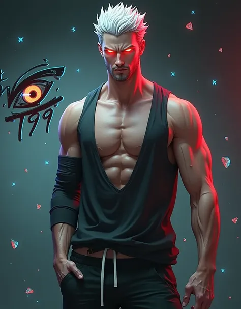 Digital artwork featuring a muscular male character with a glowing crimson head, spiky white hair, and piercing luminous red eyes in a highly detailed, anime-inspired, hyper-realistic style. The character is depicted in a side profile, showcasing a meticul...