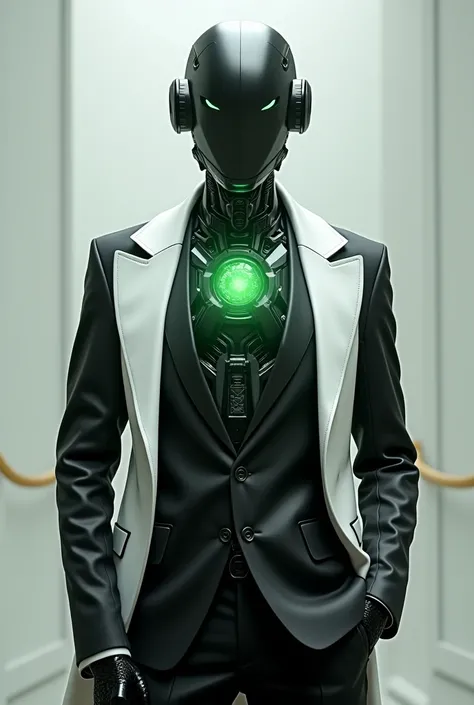 A robot, with a computer replacing his head, with a green core on his chest. Has a Black suit with a white jacket