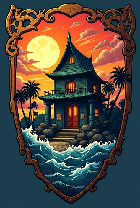 I want an emblem or shield for a World of Warcraft brotherhood. This shield has to have the name of the brotherhood, which is KAME HOUSE, at the top of the shield. Everything also has to be inspired by the Dragon Ball Z series. Master Roshi&#39;s house has...