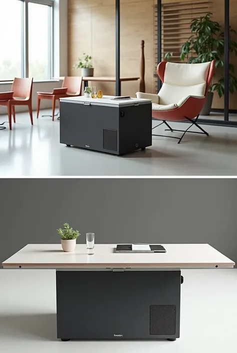 a thermal box capable of becoming a table with a speaker on the front and optional wheels 