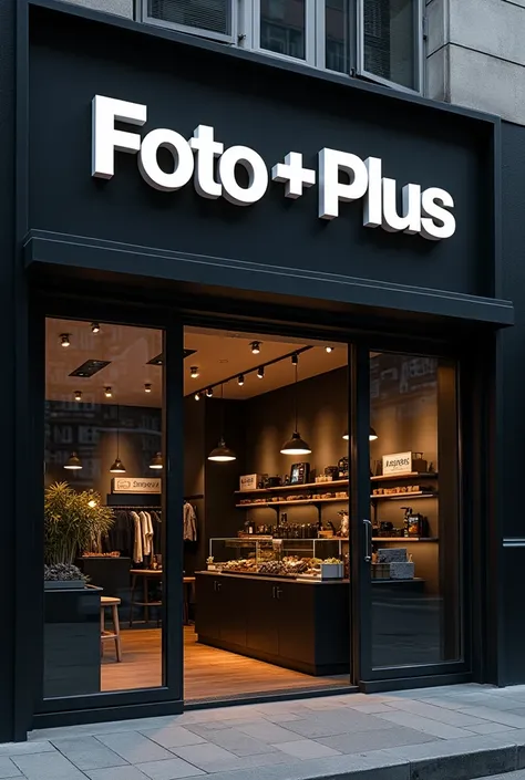 "Create a realistic and attractive exterior design for a shop named FOTO PLUS STUDIO, with the name prominently displayed in 3D letters. The background of the shops exterior should be black, while the letters should be a bold, bright white, standing out cl...