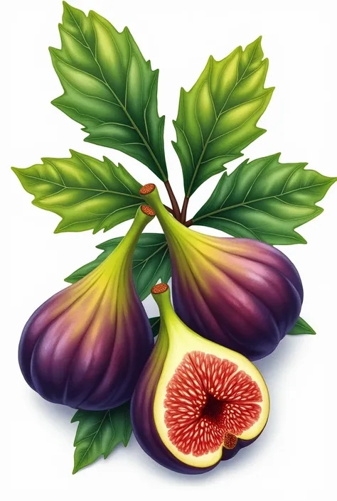 drawing of large fresh figs with leaves, scattered, Side by side, image in horizontal format perspective from front view and that can be used as png format