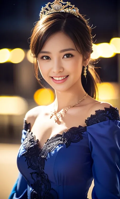 (a gorgeous lady, age 22, light off-the-shoulder, blue gown, floral lace, detailed bodice, sleeves, sweetheart neckline, silky fabric, delicate necklace, symmetrical design, elegant tiara,

 ((beautiful detailed face)), beautiful detailed eyes, long eyelas...