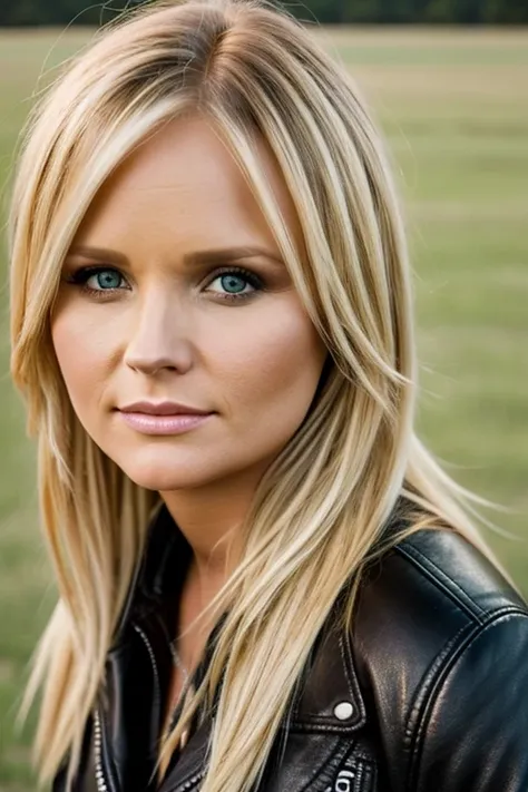 Close view, of, miranda lambert, face portrait, chubby, long blond hair, tight leather jacket, in texas pasture.