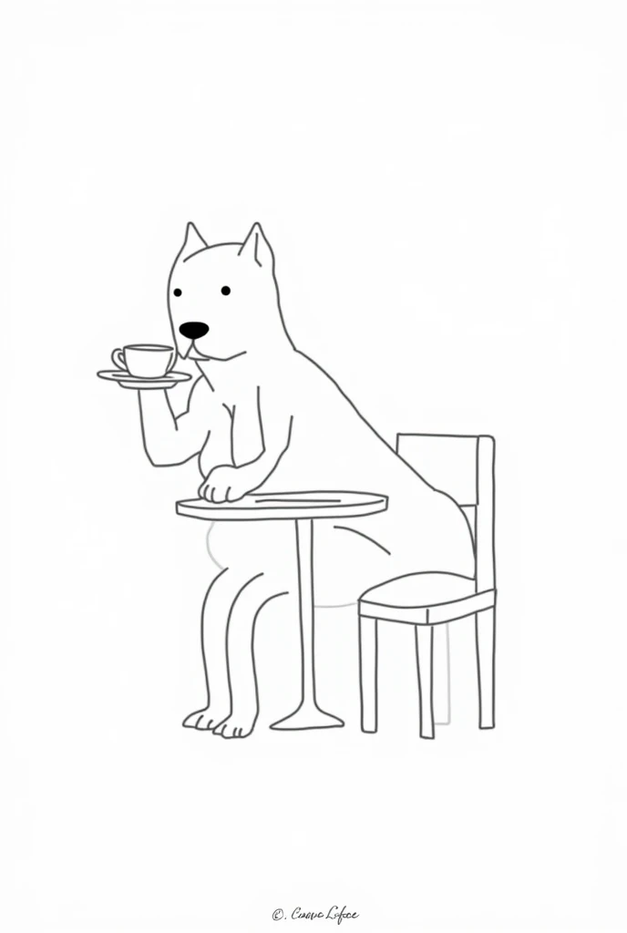 Line drawing only outlines Human body with Pitt bull dog head happy tender drinking coffee sitting at a table 