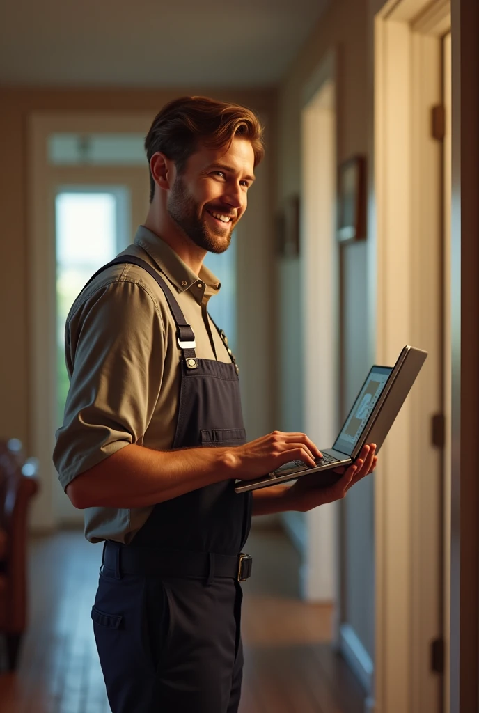 (photorealism:1.2), Smiling man, handsome and dressed in the classic attire of a computer technician, emerging from the screen of a mobile phone seen in profile, Delivering a laptop to a client&#39;s home, The background of the scene should be of a warm mo...