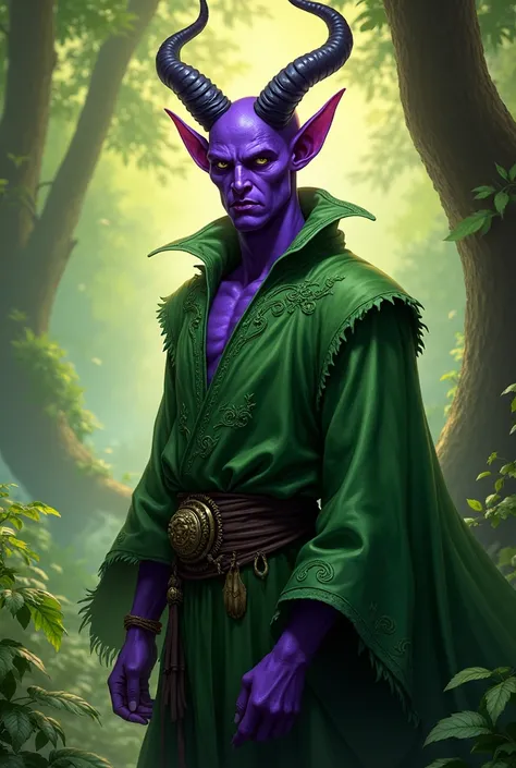 Create a tiefling, his skin is purple, he is a druid, he has a green shirt with leaf details on it