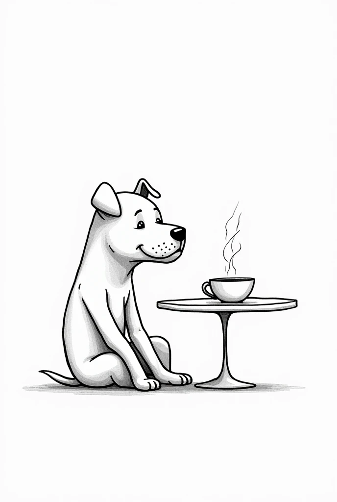 Line drawing only outlines Human body with Pitt bull dog head happy tender drinking coffee sitting at a table 